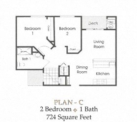 Floor plan for 2 beds, 1 bath, 724 sqft